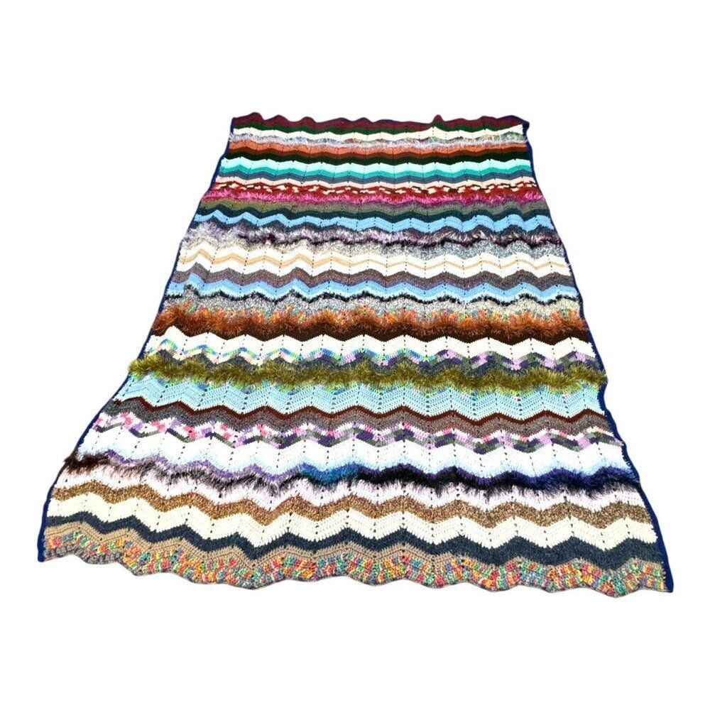 Handmade Crochet Chevron Glitter Yarn Boho Afghan Blanket Cozy & Warm 70x53 - Picture 2 of 5